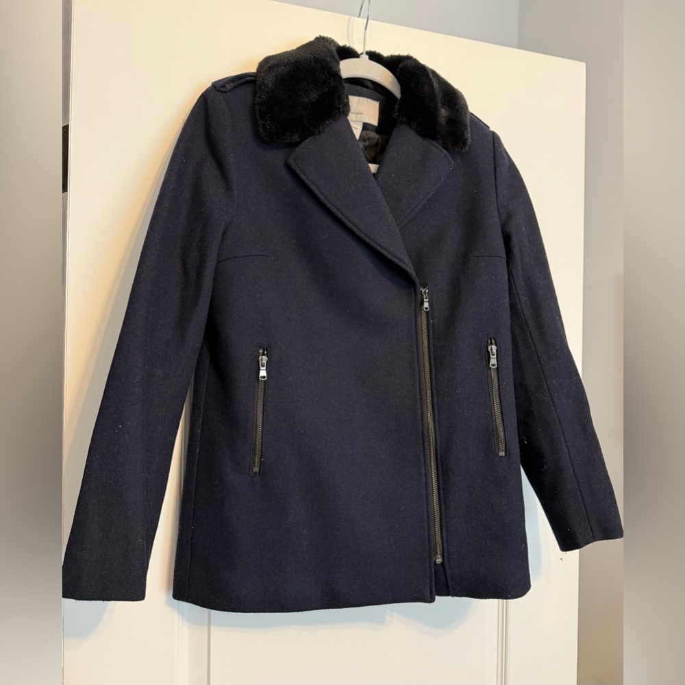 H&M Dark Blue Pea Coat with Black Faux Fur Collar